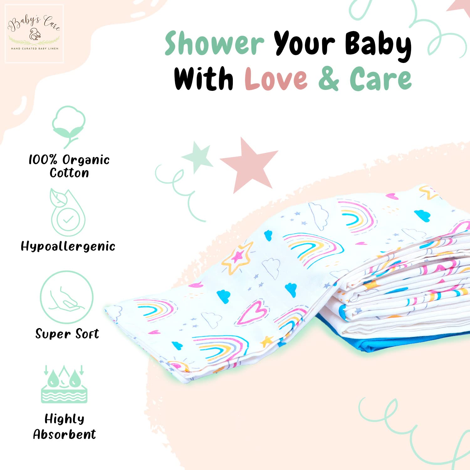 BABYS CARE Muslin Burp Cloth Pack of 5 | 100% Organic Cotton | Versatile Use Washcloth Face Cloth Cleaning Mess | Lightweight Baby Towel | Handy for Changing Cleaning Feeding Baby | 26"x26" | Rainbow - Image 3